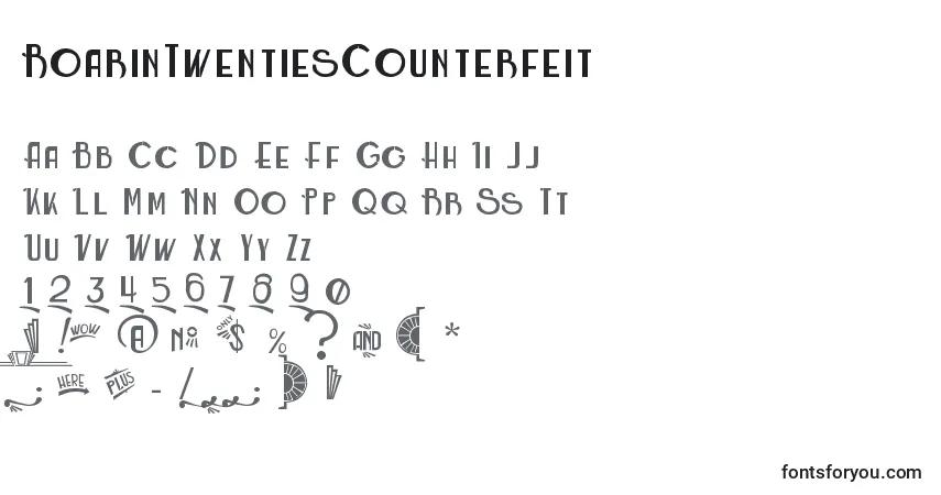 Schriftart RoarinTwentiesCounterfeit – Alphabet, Zahlen, spezielle Symbole