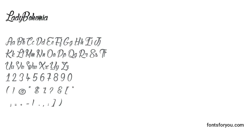 Schriftart LadyBohemia – Alphabet, Zahlen, spezielle Symbole
