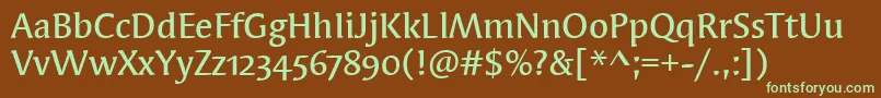 フォントSyndorMdOsItcTtMedium – 緑色の文字が茶色の背景にあります。