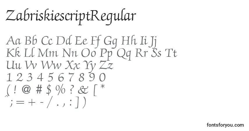 A fonte ZabriskiescriptRegular – alfabeto, números, caracteres especiais