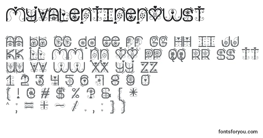 A fonte MyValentineNowSt – alfabeto, números, caracteres especiais