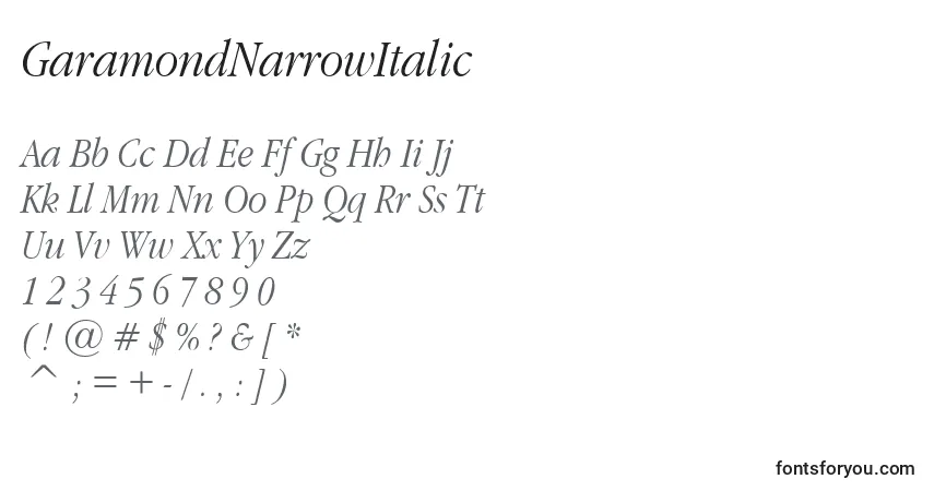 Czcionka GaramondNarrowItalic – alfabet, cyfry, specjalne znaki