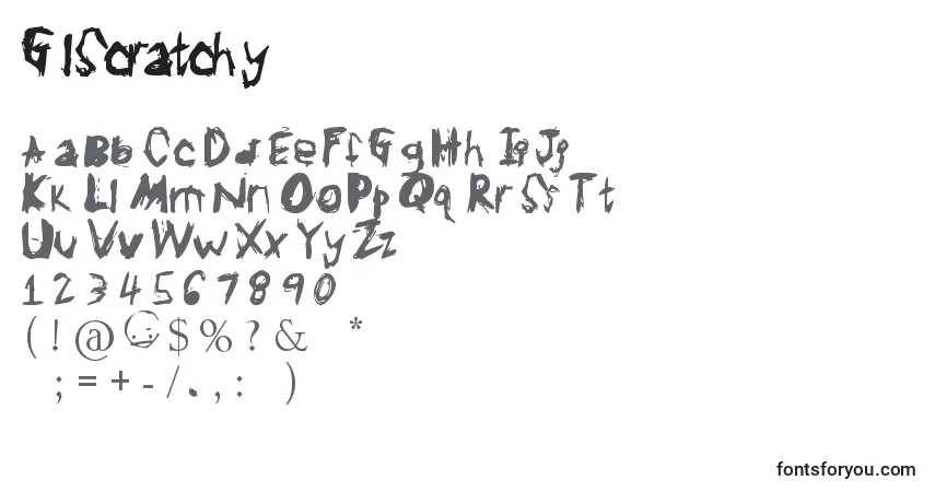 Czcionka GlScratchy – alfabet, cyfry, specjalne znaki