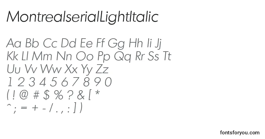 A fonte MontrealserialLightItalic – alfabeto, números, caracteres especiais