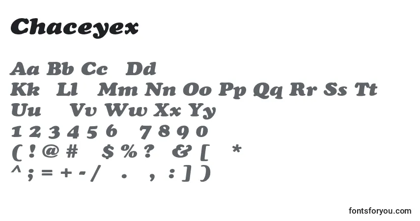 A fonte ChaceyextHeavyItalic – alfabeto, números, caracteres especiais