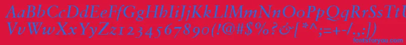 SabonItalicOldstyleFigures-Schriftart – Blaue Schriften auf rotem Hintergrund
