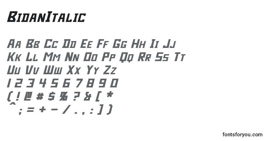 Schriftart BidanItalic – Alphabet, Zahlen, spezielle Symbole