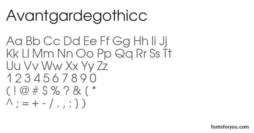 A fonte Avantgardegothicc – alfabeto, números, caracteres especiais