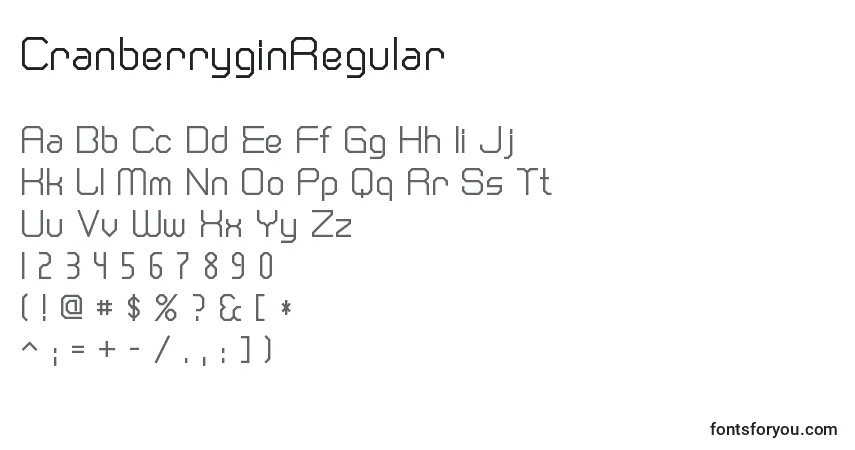 A fonte CranberryginRegular – alfabeto, números, caracteres especiais