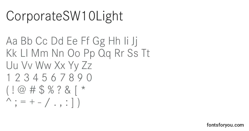 A fonte CorporateSW10Light – alfabeto, números, caracteres especiais