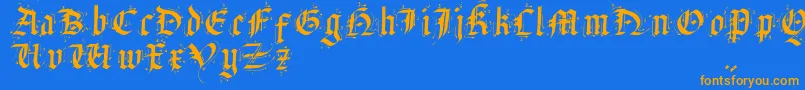 フォントSatanHumSav – オレンジ色の文字が青い背景にあります。