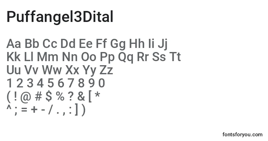 A fonte Puffangel3Dital – alfabeto, números, caracteres especiais