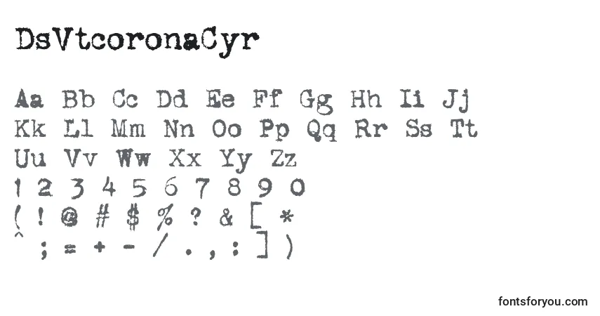 Czcionka DsVtcoronaCyr – alfabet, cyfry, specjalne znaki