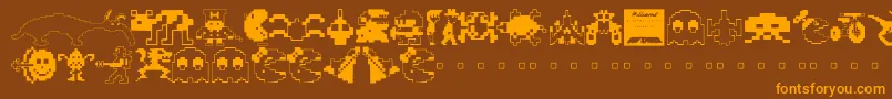 Weitere Informationen zur Arcade ffy-Schriftart Arcade ffy-Schriftart – Orangefarbene Schriften auf braunem Hintergrund