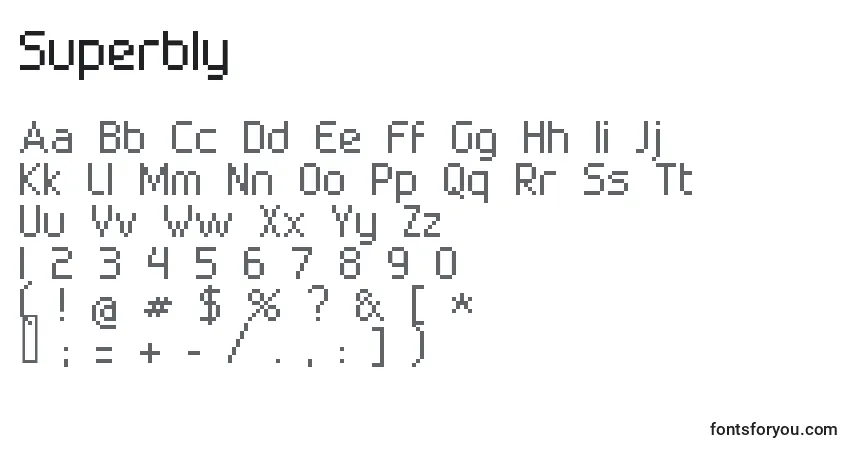 Czcionka Superbly – alfabet, cyfry, specjalne znaki