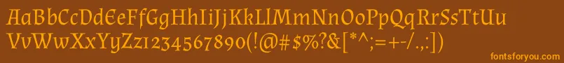 AlmendraRegular-Schriftart – Orangefarbene Schriften auf braunem Hintergrund