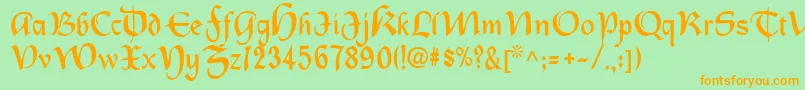 フォントOldcountry – オレンジの文字が緑の背景にあります。