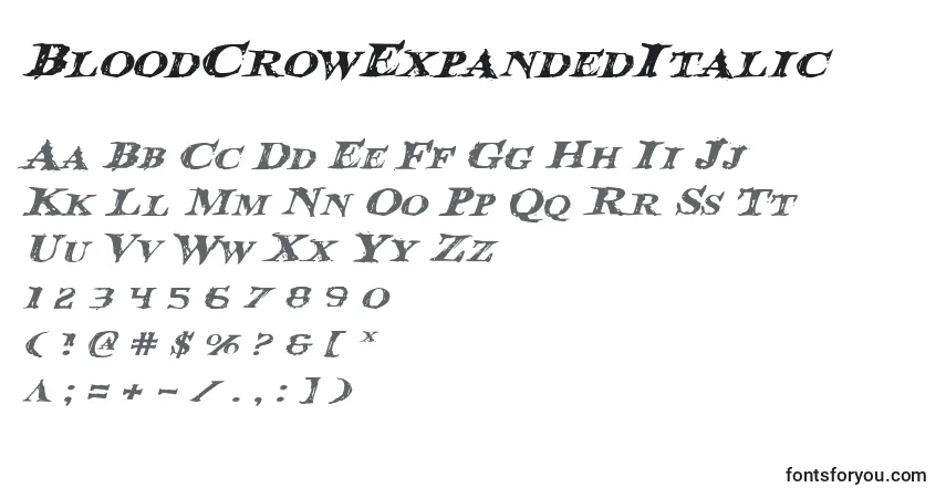 Czcionka BloodCrowExpandedItalic – alfabet, cyfry, specjalne znaki