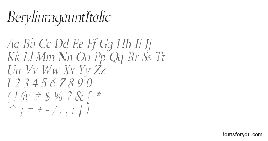 BeryliumgauntItalic-fontti – aakkoset, numerot, erikoismerkit