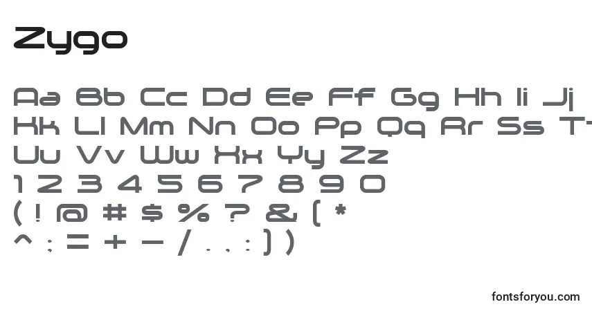 Schriftart Zygo – Alphabet, Zahlen, spezielle Symbole