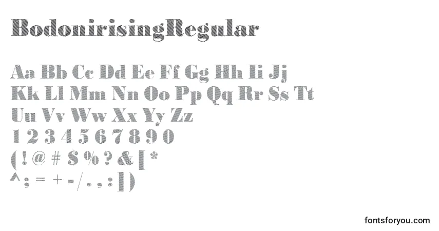 A fonte BodonirisingRegular – alfabeto, números, caracteres especiais