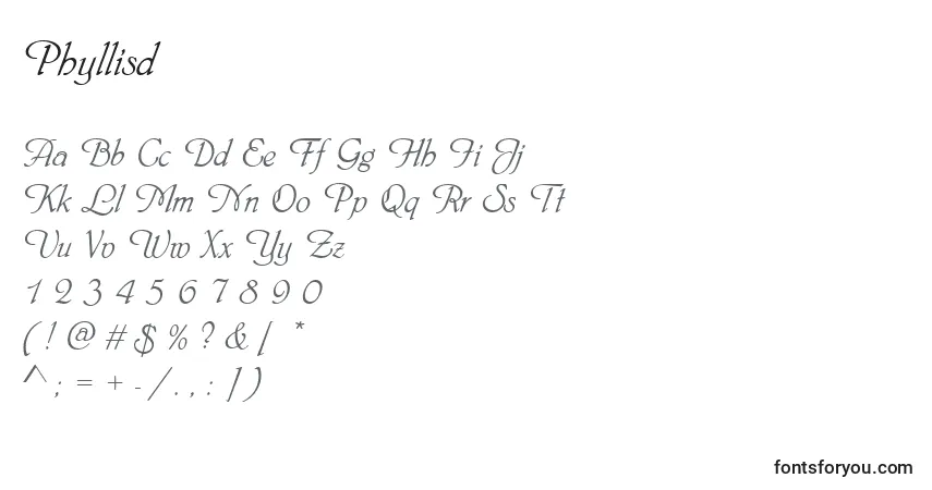Schriftart Phyllisd – Alphabet, Zahlen, spezielle Symbole