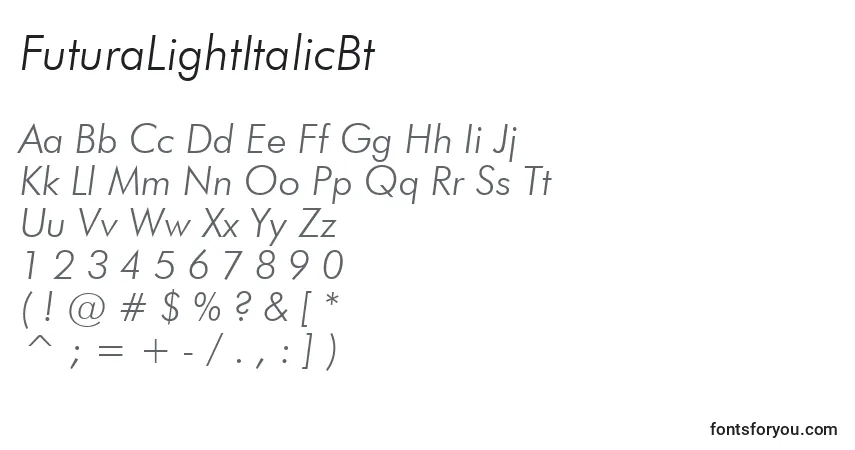 Czcionka FuturaLightItalicBt – alfabet, cyfry, specjalne znaki