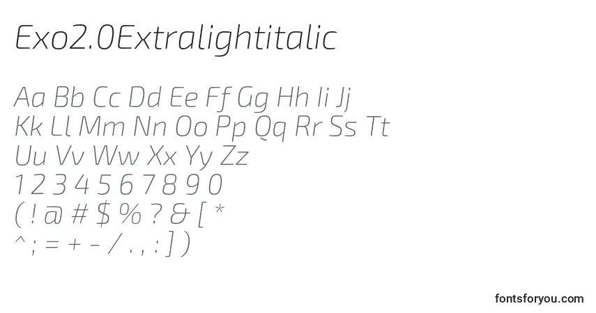 A fonte Exo2.0Extralightitalic – alfabeto, números, caracteres especiais