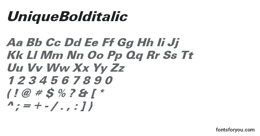 Czcionka UniqueBolditalic – alfabet, cyfry, specjalne znaki
