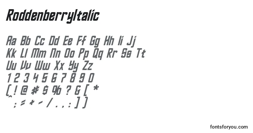 Schriftart RoddenberryItalic – Alphabet, Zahlen, spezielle Symbole