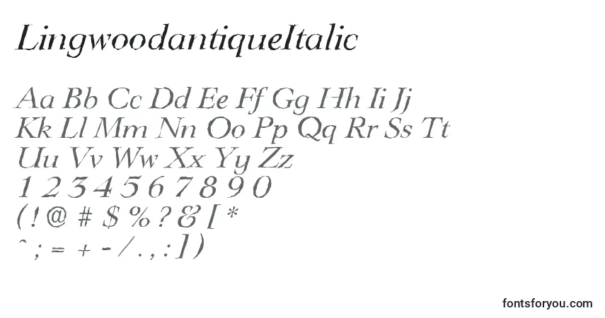 A fonte LingwoodantiqueItalic – alfabeto, números, caracteres especiais
