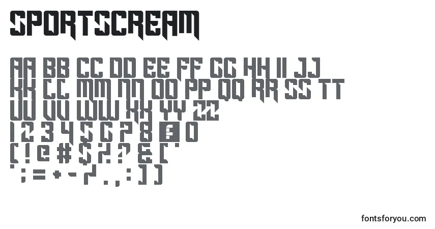 Czcionka Sportscream – alfabet, cyfry, specjalne znaki