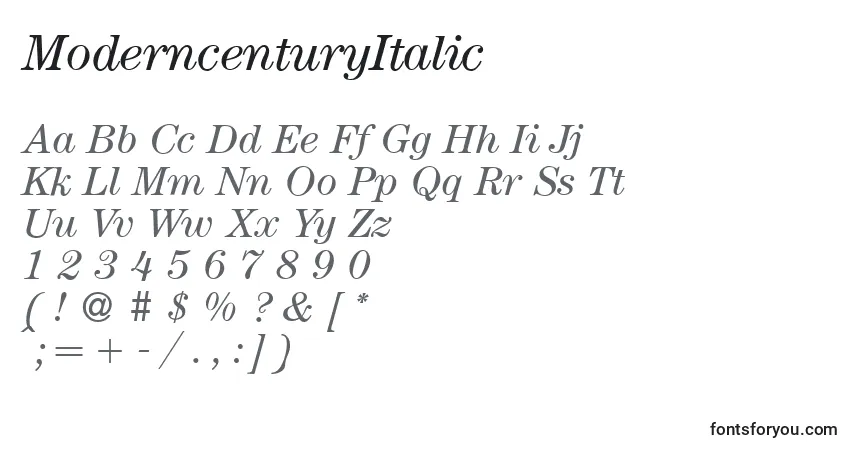 A fonte ModerncenturyItalic – alfabeto, números, caracteres especiais