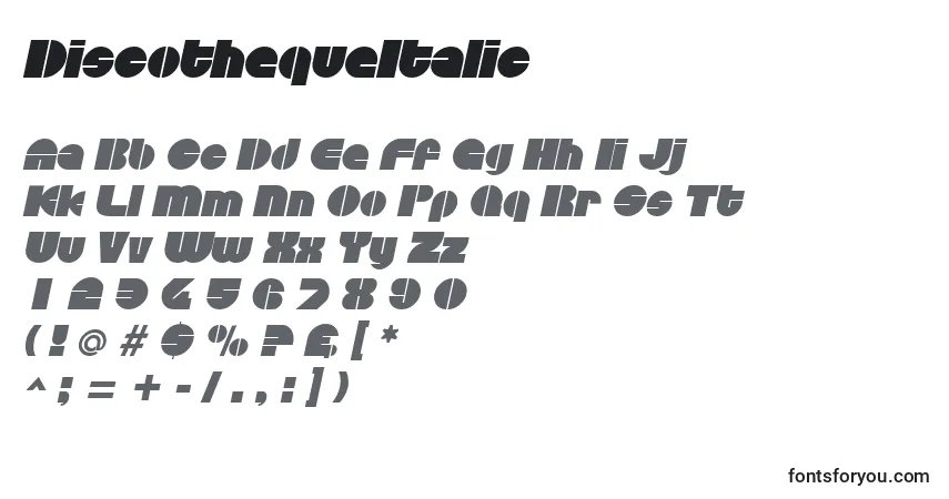Шрифт DiscothequeItalic – алфавит, цифры, специальные символы