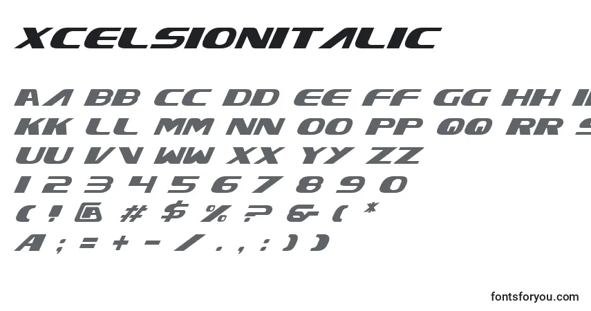 A fonte XcelsionItalic – alfabeto, números, caracteres especiais