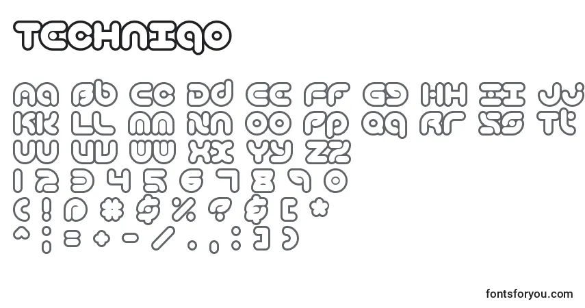 A fonte Techniqo – alfabeto, números, caracteres especiais