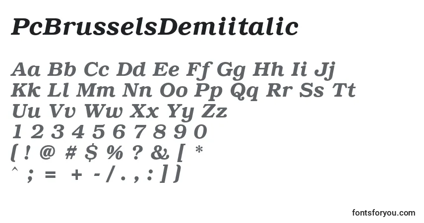 A fonte PcBrusselsDemiitalic – alfabeto, números, caracteres especiais