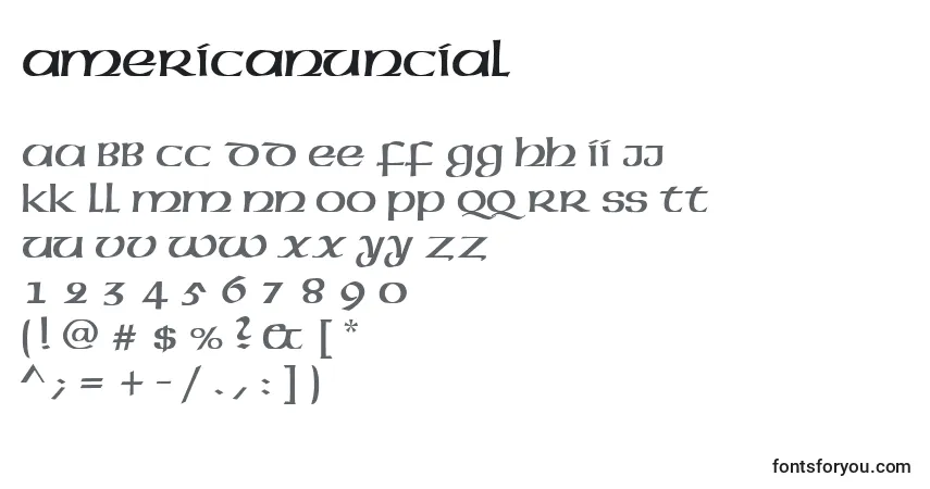 Czcionka AmericanUncial – alfabet, cyfry, specjalne znaki