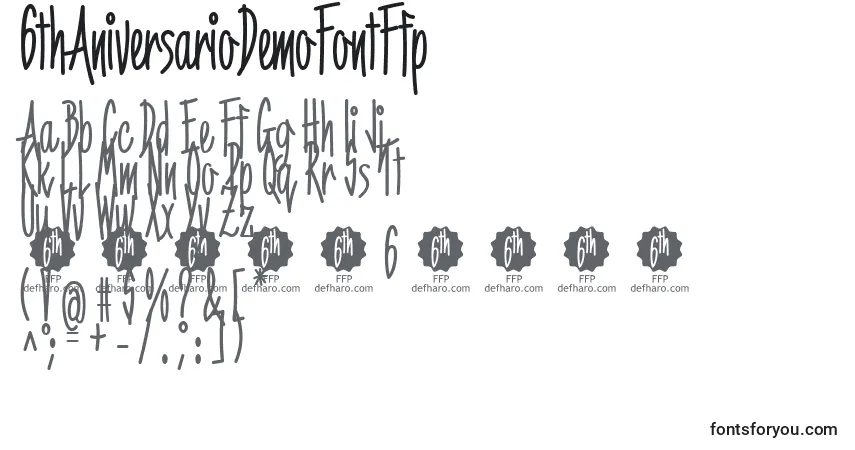 Schriftart 6thAniversarioDemoFontFfp – Alphabet, Zahlen, spezielle Symbole