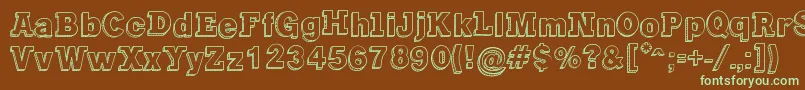 フォントGregoryPackaging – 緑色の文字が茶色の背景にあります。