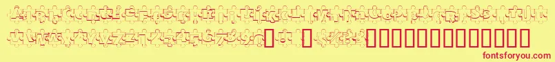 PuzzlePiecesOutline-Schriftart – Rote Schriften auf gelbem Hintergrund