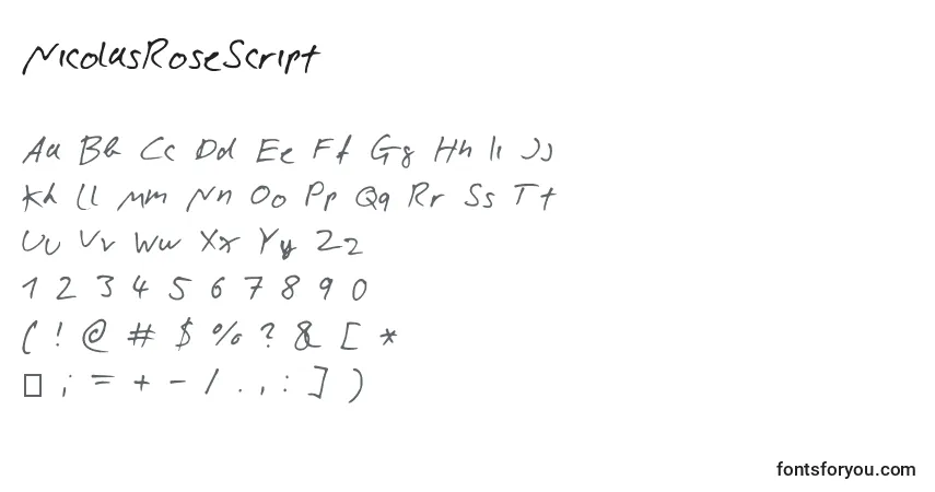 Schriftart NicolasRoseScript (45317) – Alphabet, Zahlen, spezielle Symbole