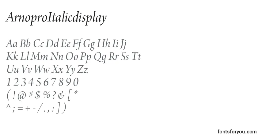 Czcionka ArnoproItalicdisplay – alfabet, cyfry, specjalne znaki