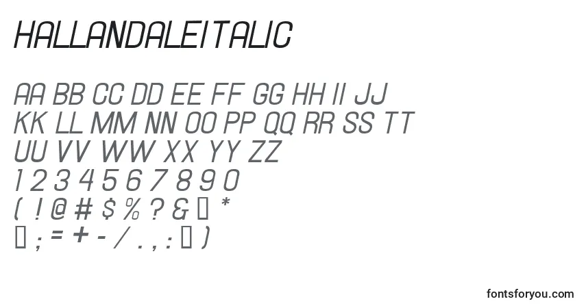 Czcionka Hallandaleitalic – alfabet, cyfry, specjalne znaki