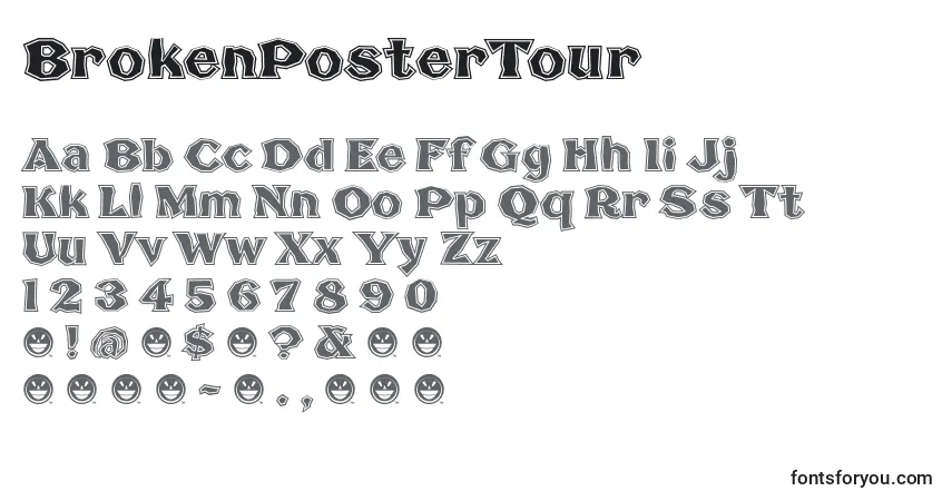 Schriftart BrokenPosterTour – Alphabet, Zahlen, spezielle Symbole