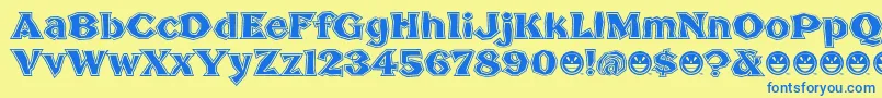 フォントBrokenPosterTour – 青い文字が黄色の背景にあります。