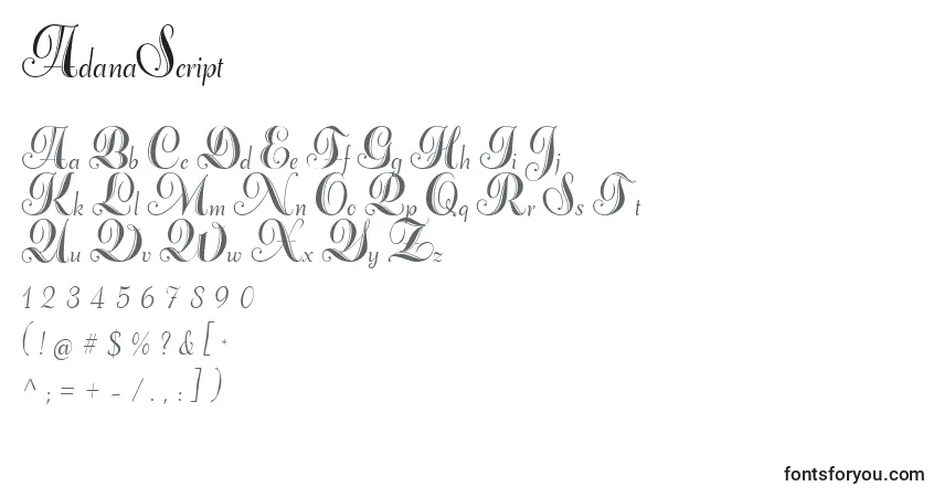 Czcionka AdanaScript – alfabet, cyfry, specjalne znaki