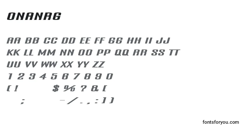 Czcionka Onanrg – alfabet, cyfry, specjalne znaki