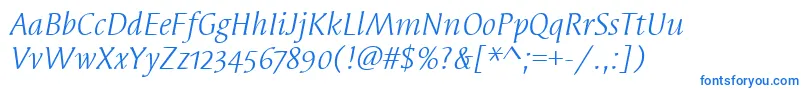 SyndorOsItcTtBookitalic-Schriftart – Blaue Schriften auf weißem Hintergrund
