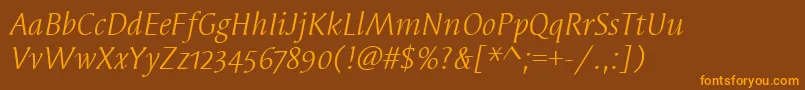 SyndorOsItcTtBookitalic-Schriftart – Orangefarbene Schriften auf braunem Hintergrund